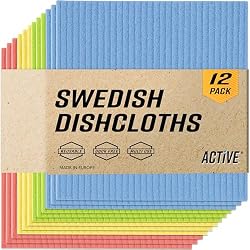 ACTIVE Swedish Dish Cloths for Kitchen 12 Pack Cellulose Sponge Cloth, Washable Dishcloths for Washing Dishes, Original European Dish Towels, Absorbent Reusable Paper Towels - Multicolor Assorted