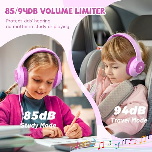 Image of USB C Headphones Wired for Kids, 85 /94dB Volume Limit With Mic, Rosy Pink | Kid Headphones for School, Wired Over Ear USBC Plug in Corded Headphones for Boys Girl Toddler, iPad, Tablet, Airplane Travel