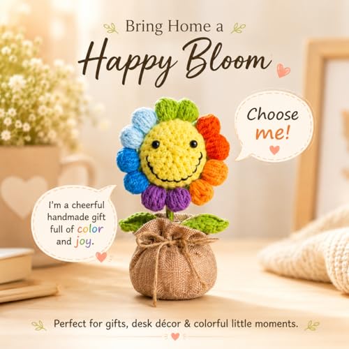 Image of Handmade Crochet Rainbow Smiley Flower in Jute Bag 16 cm, Mini Artificial Crochet Flower Pot, Cute Desk Decor for Home, Office Table, Shelf, Birthday, Friendship & Thank You Gift