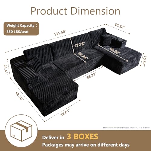 Image of HOOOWOOO Cloud Sectional Couches for Living Room,Modular Sectional Sofa No Assembly,132X62 Inch Plush Corduroy Large U Shaped Floor Couch Set with Deep Seat Double Chaise(Black)