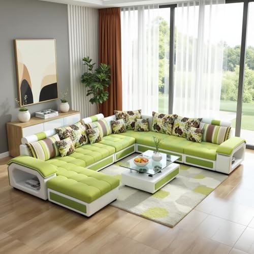 Image of Silvester 12 Seater Sofa Set for Living Room (Green-White) | Interchangeable U Shape Sectional Sofa | Solid Wood Frame & High-Density Supersoft Foam | Includes Puffy & Stool | Modern Home Furniture
