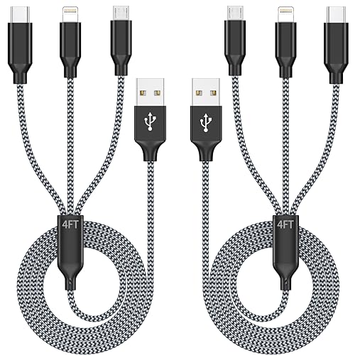 Multi Charging Cable 4ft 2Pack 3in1 Charger Cord, Multiple iPhone Charger Lightning Wire Nylon Braided MFi Certified Universal for Apple USB Type c Micro Phone