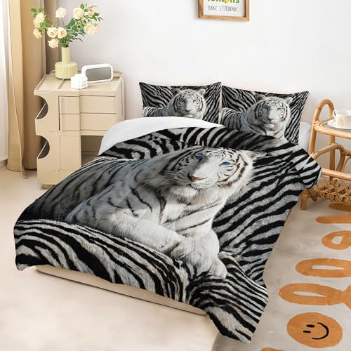 Image of 3Pcs White Tiger Comforter Set Twin Size for Teen Boys Girls Room Decor,3D Animals Print Comforter Set,Wild Animals Theme Black White Stripe Tiger Bedding Set