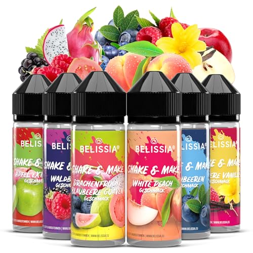 Belissia Shake and Make Set Greatest Hits - 6x10ml hochdosiertes Lebensmittelaroma + 120ml Schüttelflasche - Für Backen Speisen Getränke Shakes DIY & Raumduft - Vegan ohne Zusatzstoffe