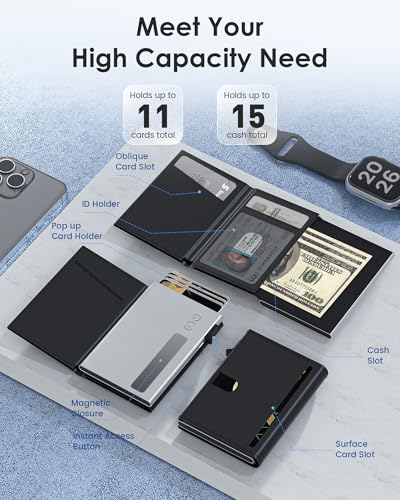 Image of QLD Mens Wallet Card Holder - RFID Blocking Wallet for Men, Pop Up Aluminum Case, Trifold, Leather, Smart, Slim, Minimalist, Front Pocket - 9-11 Card Capacity | ID Window | Cash Slot