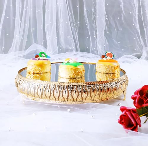 13 Inches 32.5 cm Gold Round Mirror Cake Stand Cupcake Stands Metal Pedestal Holder with Crystals, Party Dessert Cheese Display Plate for Wedding Party Birthday Baby Shower Celebration Home Decoration