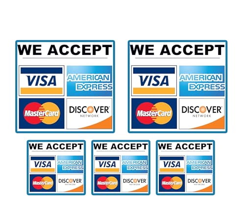 We Accept Major Credit Cards Sticker – AmEx, Mastercard, Visa, Discover Payment Signs | Credit Card Sticker for Store Window | Pack of 5