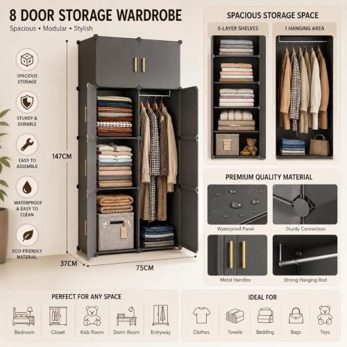 Image of Foldable Plastic Wardrobe for Clothes - Baby Cupboard for Clothes Storage, Wardrobe for Kids, Plastic Almirah, Collapsible Wardrobe for Kids Livingroom & Home (-Grey-HL3)