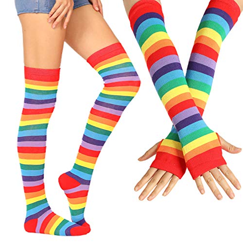 Image of SherryDC Womens Girls Cosplay Rainbow Striped Knee High Socks Leg Arm Warmer Fingerless Gloves Set
