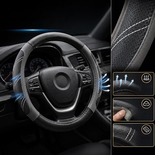Image of Elantrip Leather Large Steering Wheel Cover 14 1 /2 inch to 15 inch Universal, Soft Grip Breathable for Car Truck SUV Jeep Anti Slip Gray