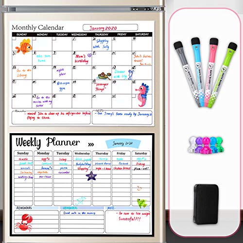 Magnetic Dry Erase Calendar Kit for Refrigerator, 2 Boards Monthly Weekly Fridge Calendar Whiteboard with 4 Makers, 5 Color Pins and Eraser, Thickened Magnet Schedule Planner Wall Set, 17 x 12 Inch