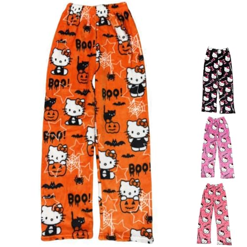 Pyjama Hose Damen Kitty Anime Schlafanzug Hose Lang aus Flanell Kawaii Cartoon Kuschelhose Flauschig & Warm Y2K Lounge Hose Damen Herbst Winter Schlafhose Größe S-XXL
