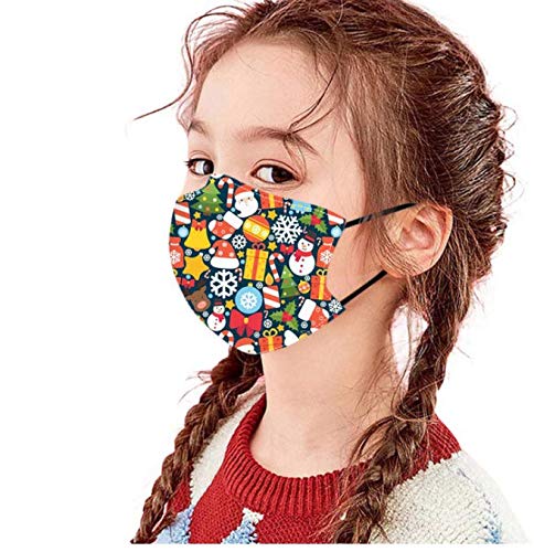 5Pack Cotton Christmas Mask for Children with Filter Pocket with 6 Pcs Replacement Filters-Washable Xmas Face Mask (Christmas Mask C)