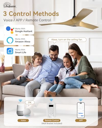 Image of Sofucor 52 Inch Smart Ceiling Fan No Light, Modern Ceiling Fan with 3 Plastic Blades, Compatible with Alexa /Google /App, 6 Speeds 4500CFM, Timer Quiet Reversible DC Motor, ETL /FCC