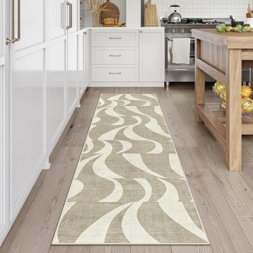 Lahome Abstract Runner Rug,Low-Pile Soft 2.5x8 Runner Rug for Entryway Indoor Non-Slip,Retro Swirl Rug Runner Washable Carpet Runner for Laundry Kitchen Hallway Decor (8ft,Beige) Beige 2.5x8