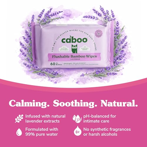 Image of Caboo Lavender Flushable Wipes | Certified Flushable, Septic Safe, Chemical Free, Biodegradable Wipes for Adults made with Renewable Bamboo Based Viscose (Pack of 3, Total of 180)