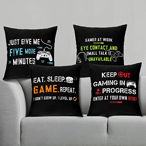Tatuo 4 Pieces Gaming Cushion Cover Video Game Themed Pillowcase Gamer Throw Pillow Covers for Gaming Fan Funny Gaming Pillow Case for Home Office Car Sofa Bedroom Present, 45 x 45 cm