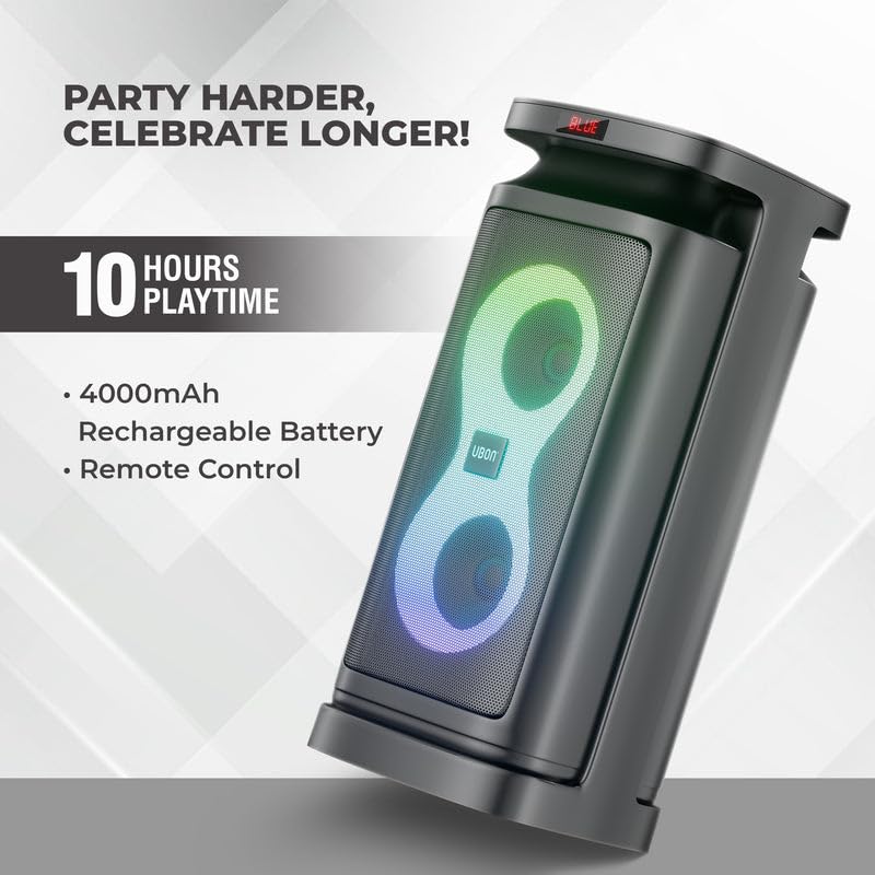 Image of UBON Rockstar SP-38 30W Bluetooth Party Speaker with Wireless Mic | Karaoke Mode | 10-Hour Battery | RGB Lights | Remote Control | Multi Connectivity Mode (Black)