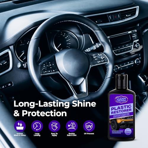 CleanCrown Plastic Restorer for Cars (8.45 fl oz), User Friendly Car Trim Restorer, Quick Plastic Trim Restorer with Free Sponge Applicator, Restores Faded Car Plastics, Bumpers & Against UV Rays