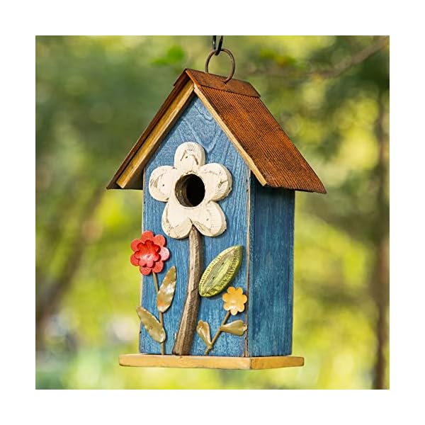 glitzhome GH90097 Distressed Decorative Solid Wood Birdhouse, 10.25 Inch Tall, Blue