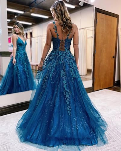 BITALY Women's V Neck Lace Long Prom Dresses 2025 Tulle Ball Gown Formal Evening Dress for Teens BI0072