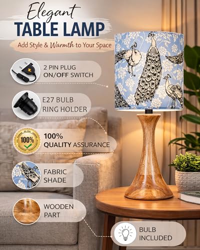 Image of Homesake Rustic Wood Table Lamp Bedside Wooden Desk Lamps for Living Bedroom Study Night, Kids Room, House Warming Festival Gift, Home Decor, Peacock Grey Shade