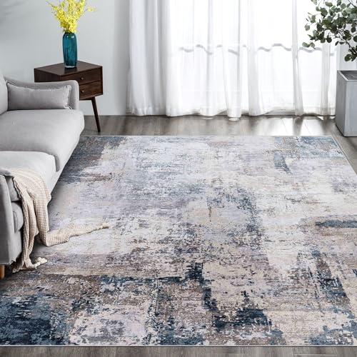 vivorug Washable Rug, Ultra Soft Area Rug 6x9, Non Slip Abstract Rug Carpet, Stain Resistant Rugs for Living Room Bedroom, Modern Fluffy Rug (Gray/Navy, 6'x9')