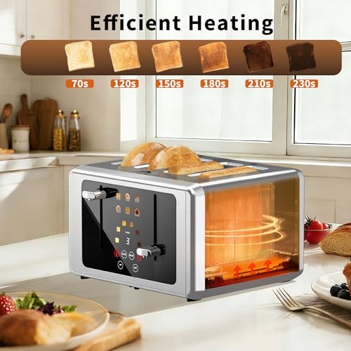Image of WUNLY Smart Digital 4 Slice Toaster with Touch Screen, 1.5'' Extra Wide Slots for Bagel, Digital Countdown & Sound Control, 6 Bread Types & 6 Shade Settings, Defrost /Reheat /Standby, Stainless Steel