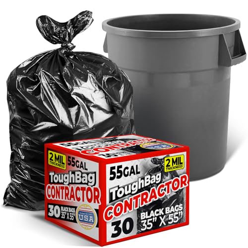 ToughBag 55 Gallon Contractor Trash Bags 2 Mil Thick (30 Count) - Heavy Duty Drum Liners Industrial & Commercial Black Garbage Bags - Made in USA