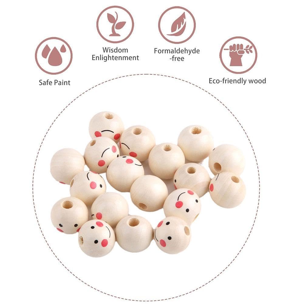 Lot De 100 Perles Rondes En Bois Naturel Avec Visage Souriant Pour