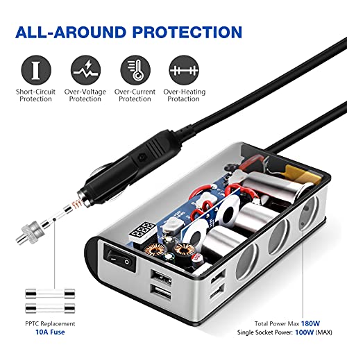 Image of OOWOLF Quick Charge 3.0 Cigarette Lighter Adapter,180W 12V /24V 3-Socket DC Power Car Splitter with 6.6A 4 USB Ports,LED Display Voltage, Individual Switch