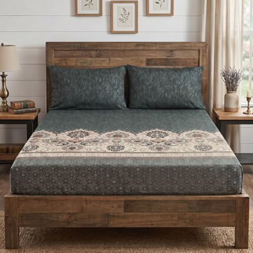 Tache Royal Rustic Paisley Mandala Lattice Floral Elegant Deep Navy Teal Fitted Bed Sheet Only, Queen