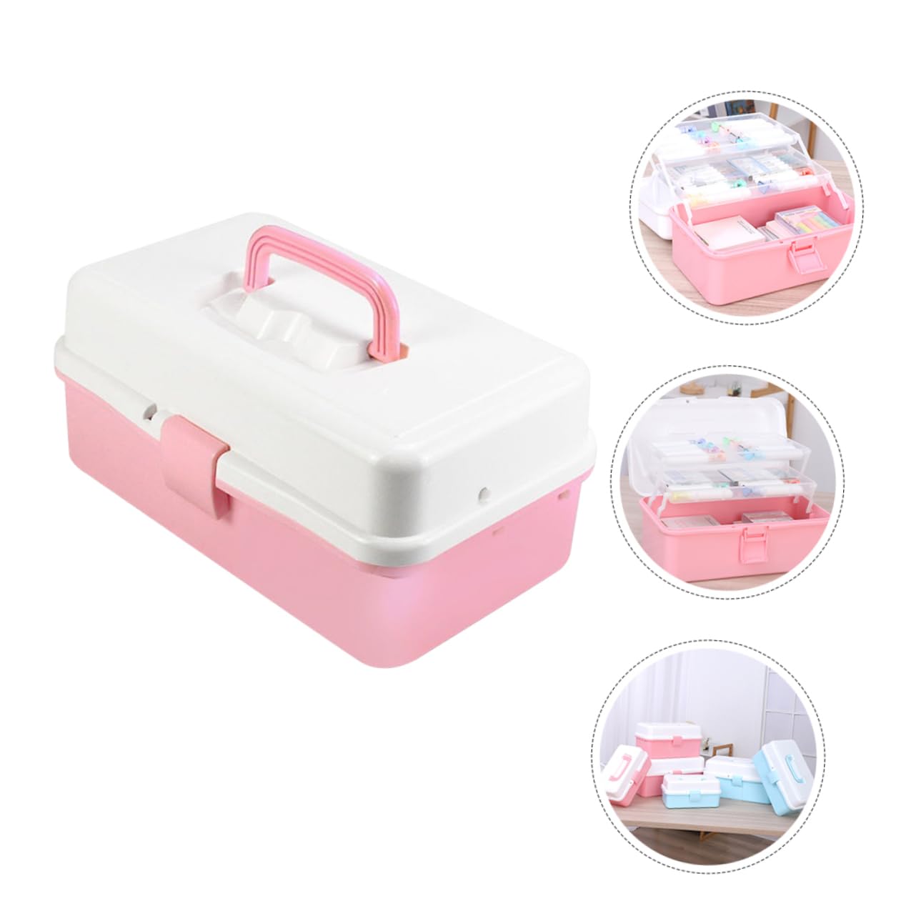 MAGICLULU Mehrschichtige Aufbewahrungsbox für Schreibwaren, Rosa, Pp | Dreistufige Trennstruktur, für Beauty Zubehör und Stickzubehör, Tragbare Ausführung für Camping und Umzug