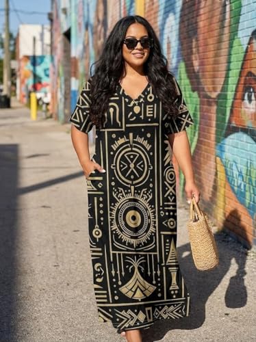 Image of Plus Size Maxi Dress for Women Short Sleeve V Neck Casual Loose Sundress with Pockets