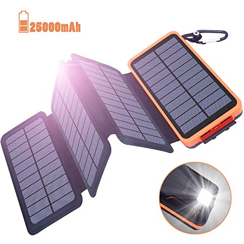 Batería Externa 25000mAh Cargador Solar, Power Bank solar - 2 Entradas (4 Paneles Solares y USB) 2 Puertos USB de Salida 2.1A, Lámpara y Gancho LED, Compatible con iPhone, iPad, Samsung y otros