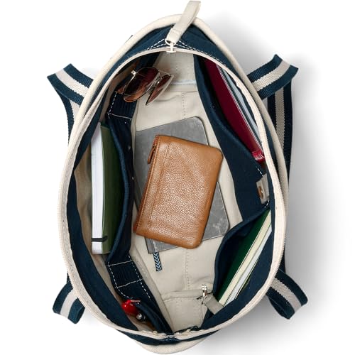 Image of Lands' End Natural Long Handle Zip Top Canvas Tote Natural /navy Stripe Medium Long Handle