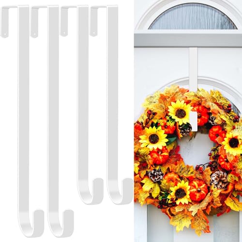 Dapute 4 Pack 12 &15 Wreath Hangers for Front Door Over The Door Wreath Hanger Halloween Decorations Wreath Hook for Hanging Christmas Easter Fall Decoration Welcome Sign Holder (White)