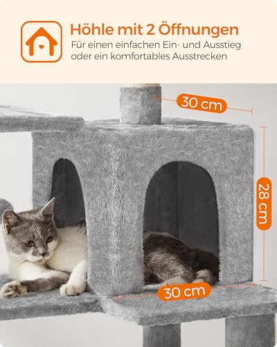 Feandrea Kratzbaum, 143 cm hoch, Katzenbaum, mehrstöckiges Katzenhaus, mit 4 Kratzsäulen, 2 Plattformen, Hängematte, Höhle, hellgrau PCT161W01