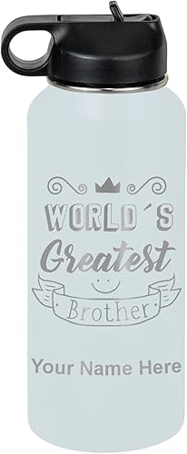 Miniatura 15 de LaserGram Botella de agua personalizada, World's Greatest Brother, acero inoxidable de doble pared aislada al vacío con popote superior, regalo