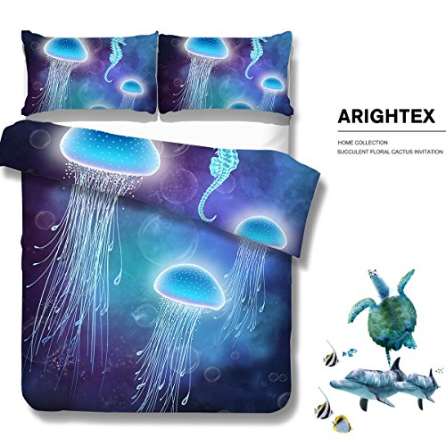Arightex 3D Ocean Bedding Blue Jellyfish Duvet Cover Underwater Bedspread Deep Sea Bedding For Adult Kids (Queen) #TOP1
