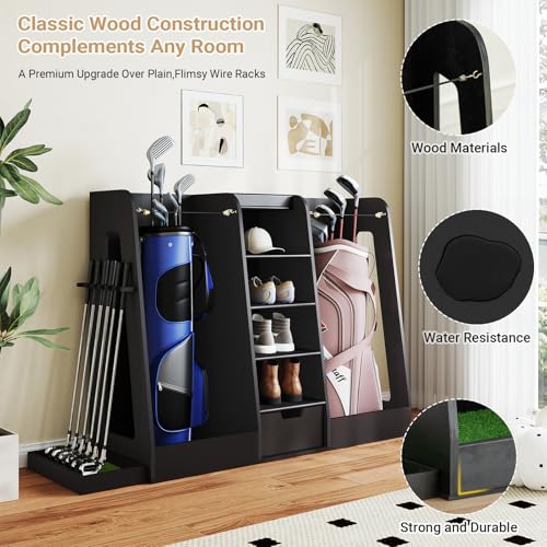 Zevemomo Wooden Golf Bag Storage Organizer for Garage, 2 Golf Bags Holder Rack with Drawer & 4 Middle Cubbies for Storing Golfing Accessories, Black Golf Club Stand Suitable for Garage Simulator Room