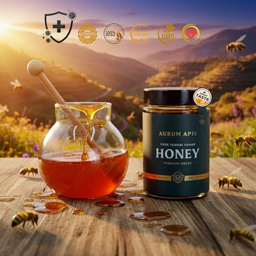 Image of Aurum Apis Raw Yemeni Sumar Honey, 100% Raw Unfiltered Pure Honey, Hand Harvested Organic Honey, Non-GMO, Rich in Nutrients & Energy Source, Respiratory Relief, Certified Thick Honey - 330g Honey Jar
