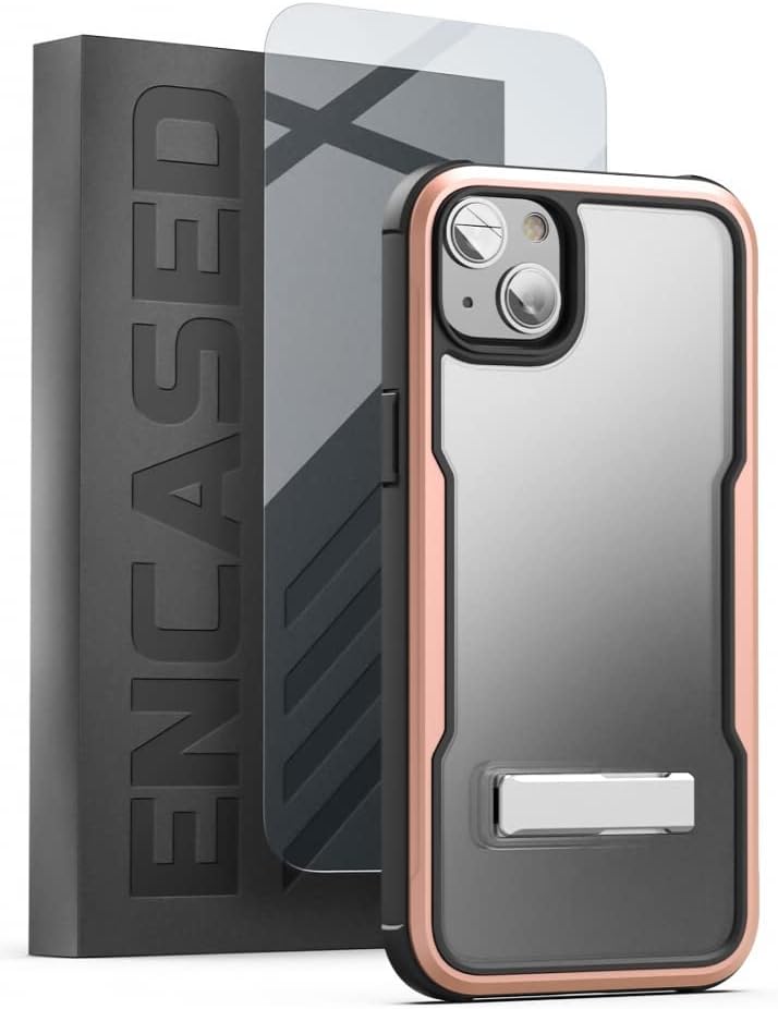 Encased Exos-Armor Case Designed for iPhone 14 with Screen Protector and Metal Kickstand, [MIL-Spec] Ultra Protective Aluminum Frame - Rose Gold