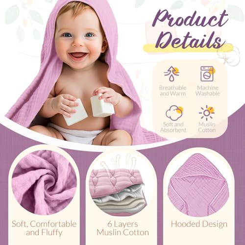 Image of VitalCozy 12 Pcs Baby Muslin Hooded Bath Towels and Washcloths, Muslin Hooded Baby Towels Absorbent Blankets for Gift Newborn Infant Shower (Purple Series)