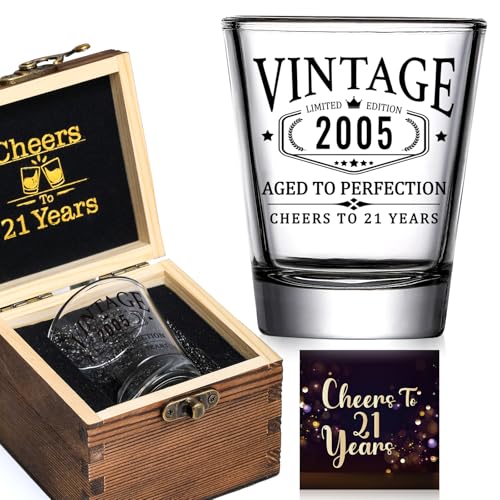 21st Birthday Gifts for Him Her - Limited Edition Shot Glass with Wooden Box - Vintage 2005 Cheers...