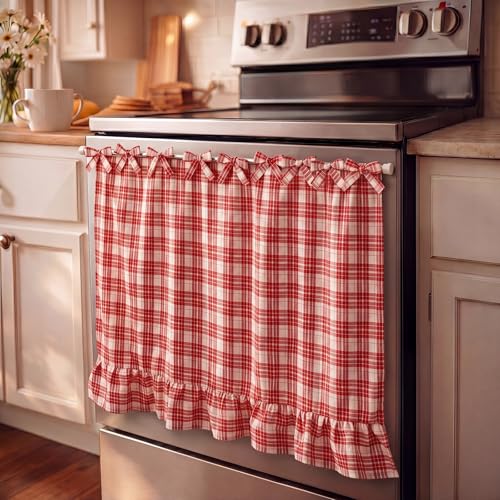 Lounsweer Oven Skirt Curtain for Kitchen Decor 22 x 31 Inch Red and White Checkered Cotton Blend Stove Cover Skirt Tie Top with Ribbon Ties Rustic Decorative Oven Door Cover Window Curtain Panels