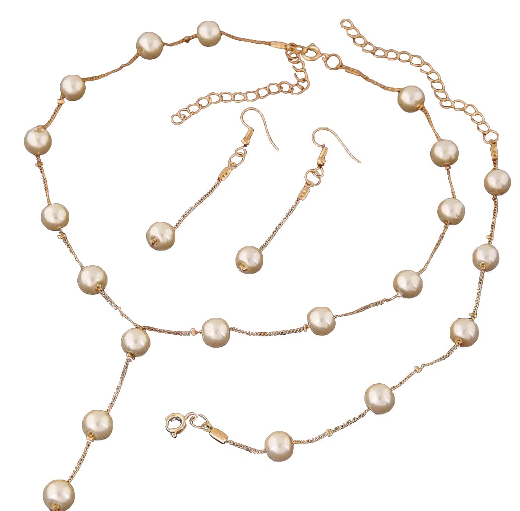RIOXSFaux Pearl Necklace Earring Bracelet Jewelry Set, Delicate and Classy Costume Jewelry Favors (Gold)