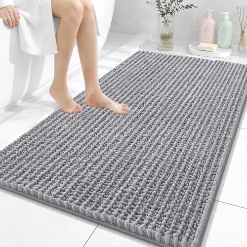 Image of OLANLY Bathroom Rug Mat 44x32, Thick Soft and Absorbent Chenille Bath Mat, Non-Slip Rubber Backing, Machine Washable Quick Dry Bath Rugs for Tub Shower Floor, Home Decor Accessories, Grey