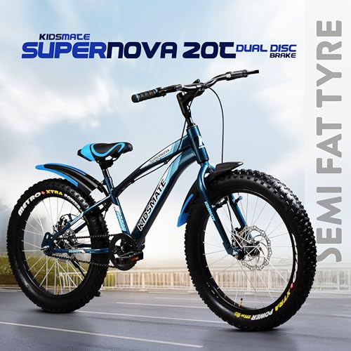 Image of Kidsmate Supernova 20T Fat (20 x 3.0) Tire Cycle for Kids 7-10 Years | Dual Disc Brake Bicycle with Rigid Fork | Wide Tyres, Strong Steel Frame Bike for Kids - Stelios Blue