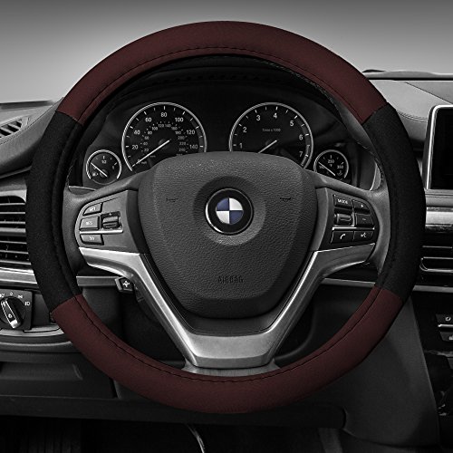 Image of FH Group Universal Fit Modernistic and Seat Belt Pads Combo Set Steering Wheel Cover Fits Most Cars, SUVs Burgundy